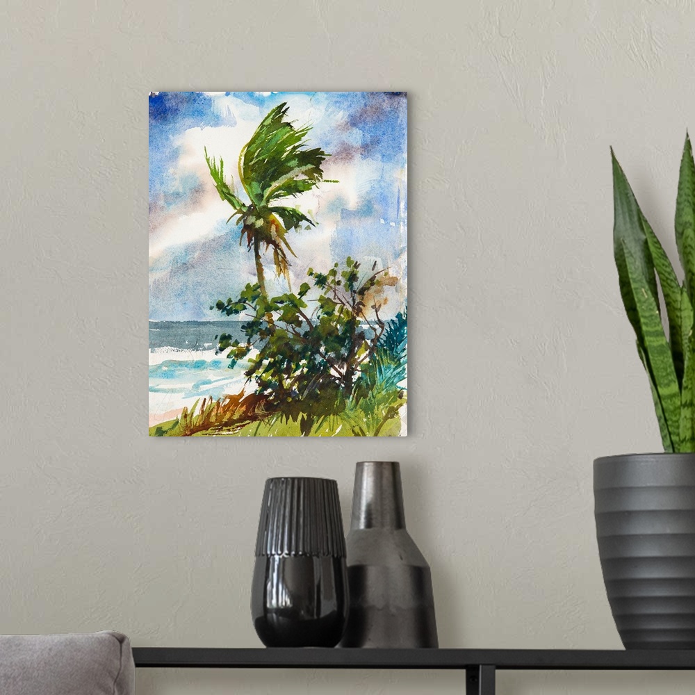 A modern room featuring Painting of wind blowing through the leaves of a palm tree.