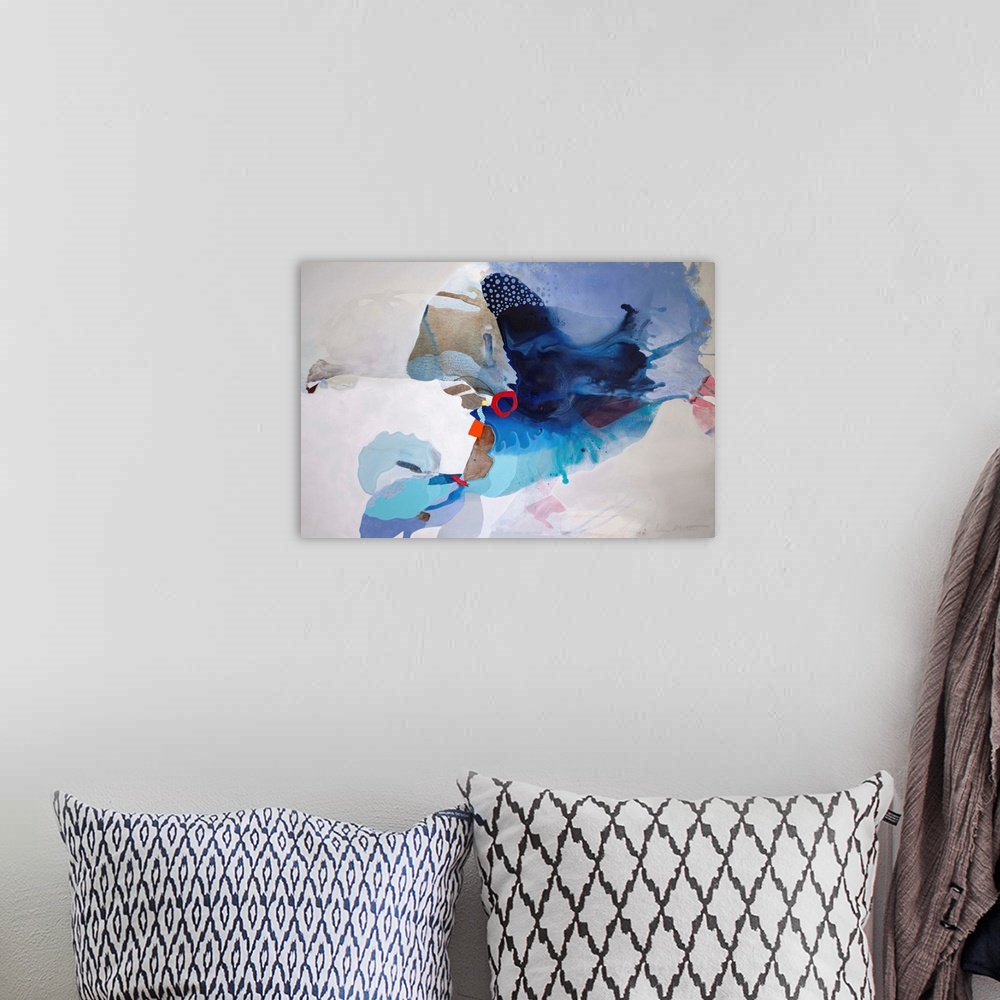A bohemian room featuring Contemporary abstract painting in various blues on a light-colored background.