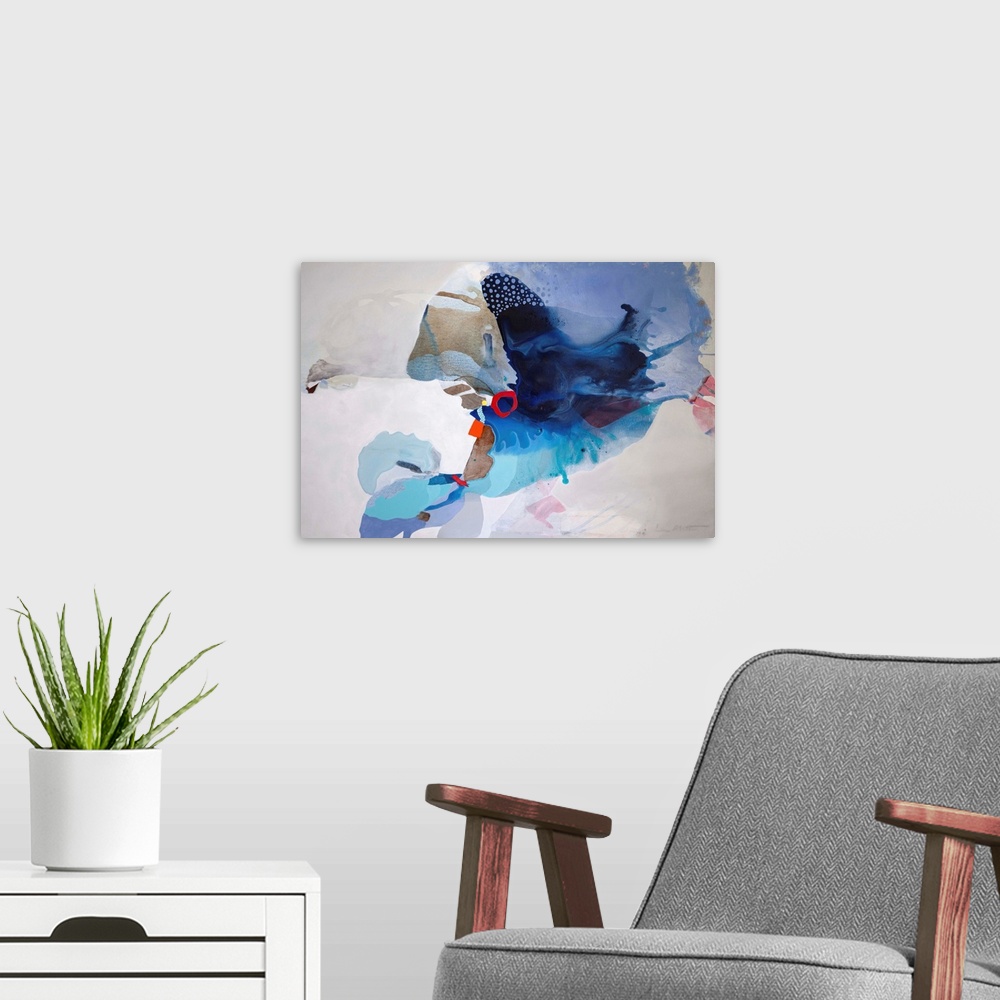 A modern room featuring Contemporary abstract painting in various blues on a light-colored background.