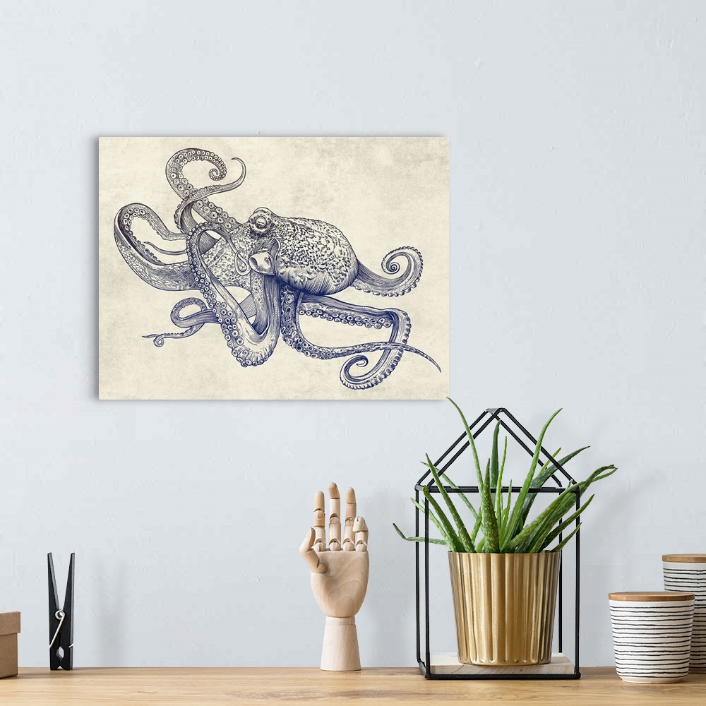 A bohemian room featuring A digital illustration of octopus against a textured background.