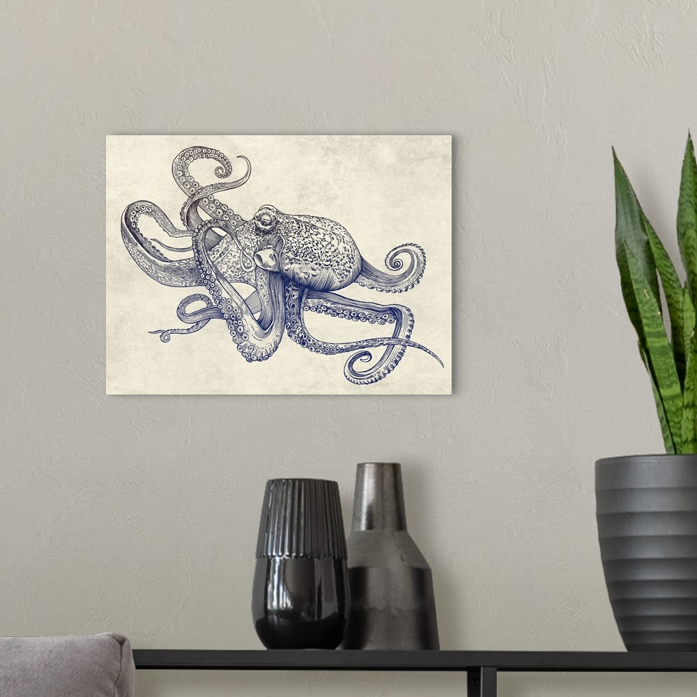 A modern room featuring A digital illustration of octopus against a textured background.