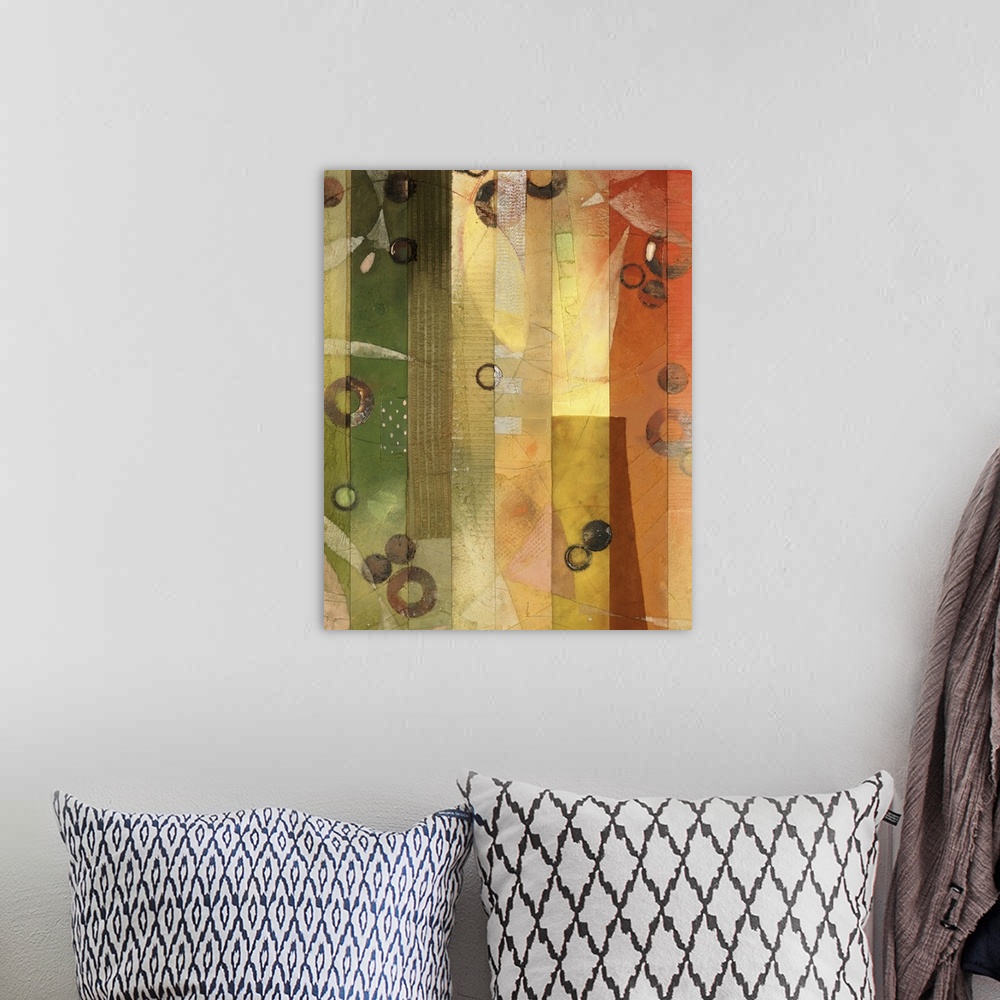 A bohemian room featuring Contemporary abstract painting using earth tones with cascading organic and geometric shapes.