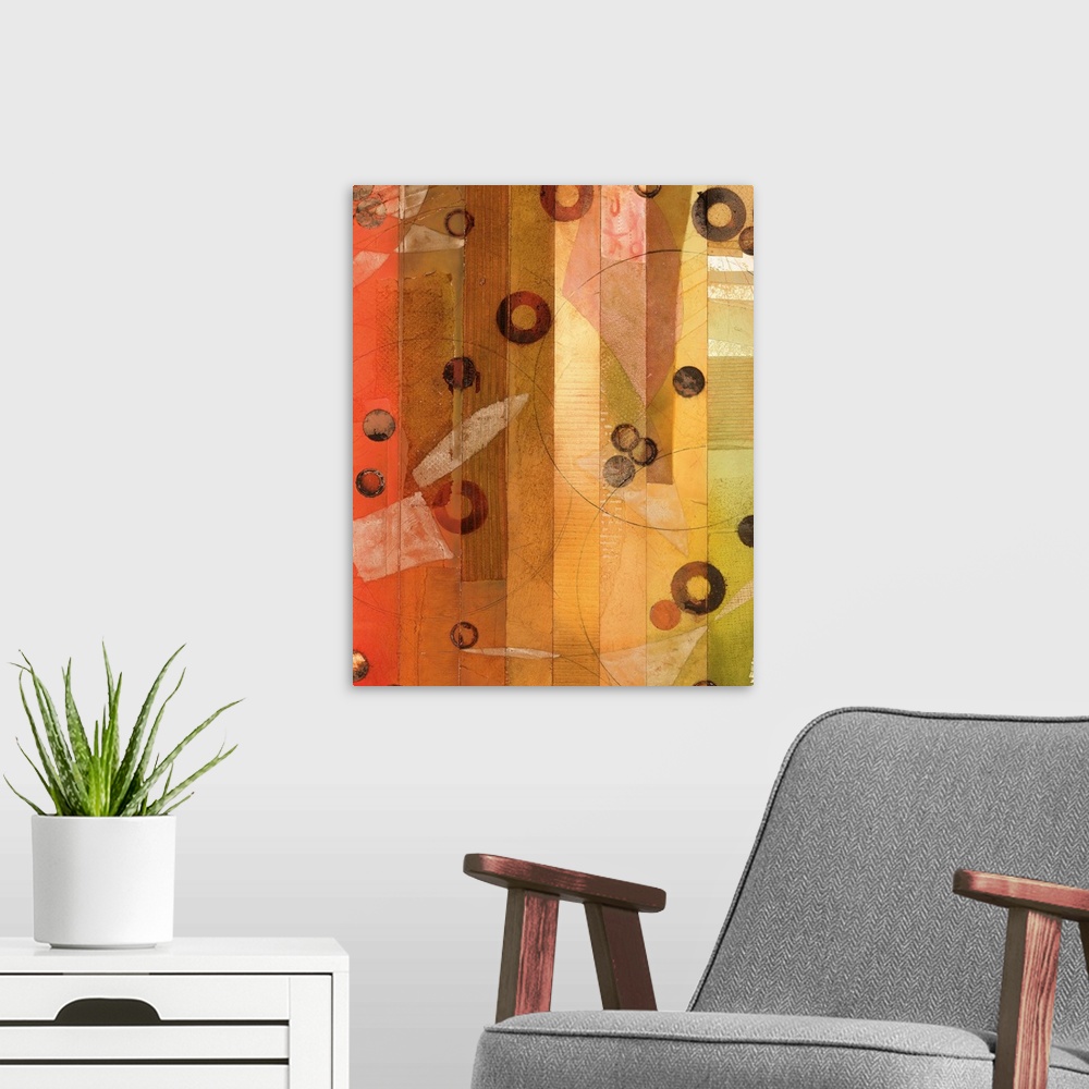 A modern room featuring Contemporary abstract painting using earth tones with cascading organic and geometric shapes.