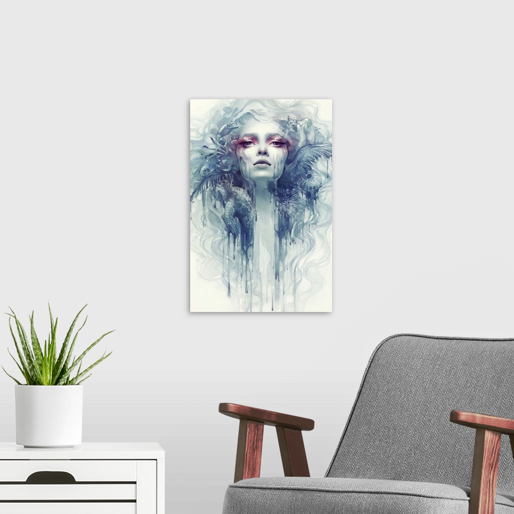 A modern room featuring A contemporary fantastical painting of a portrait of a female face with sinuous hair and bird win...