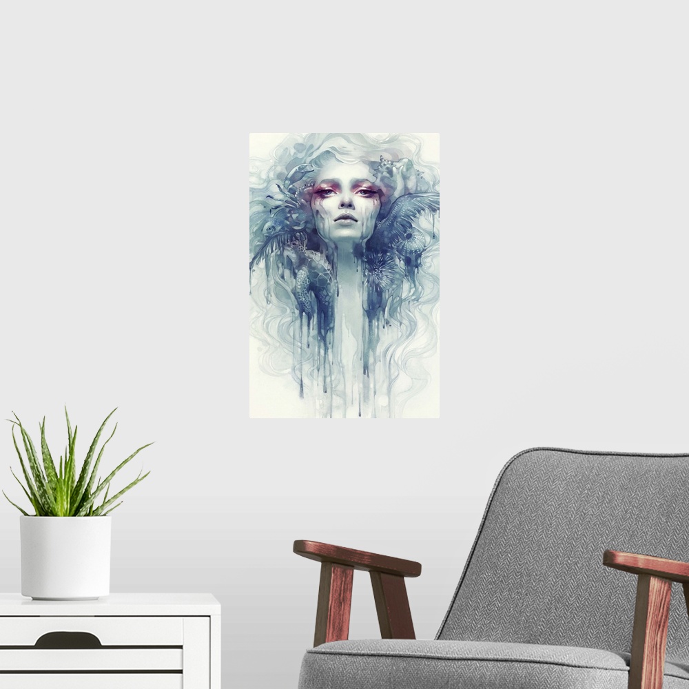 A modern room featuring A contemporary fantastical painting of a portrait of a female face with sinuous hair and bird win...