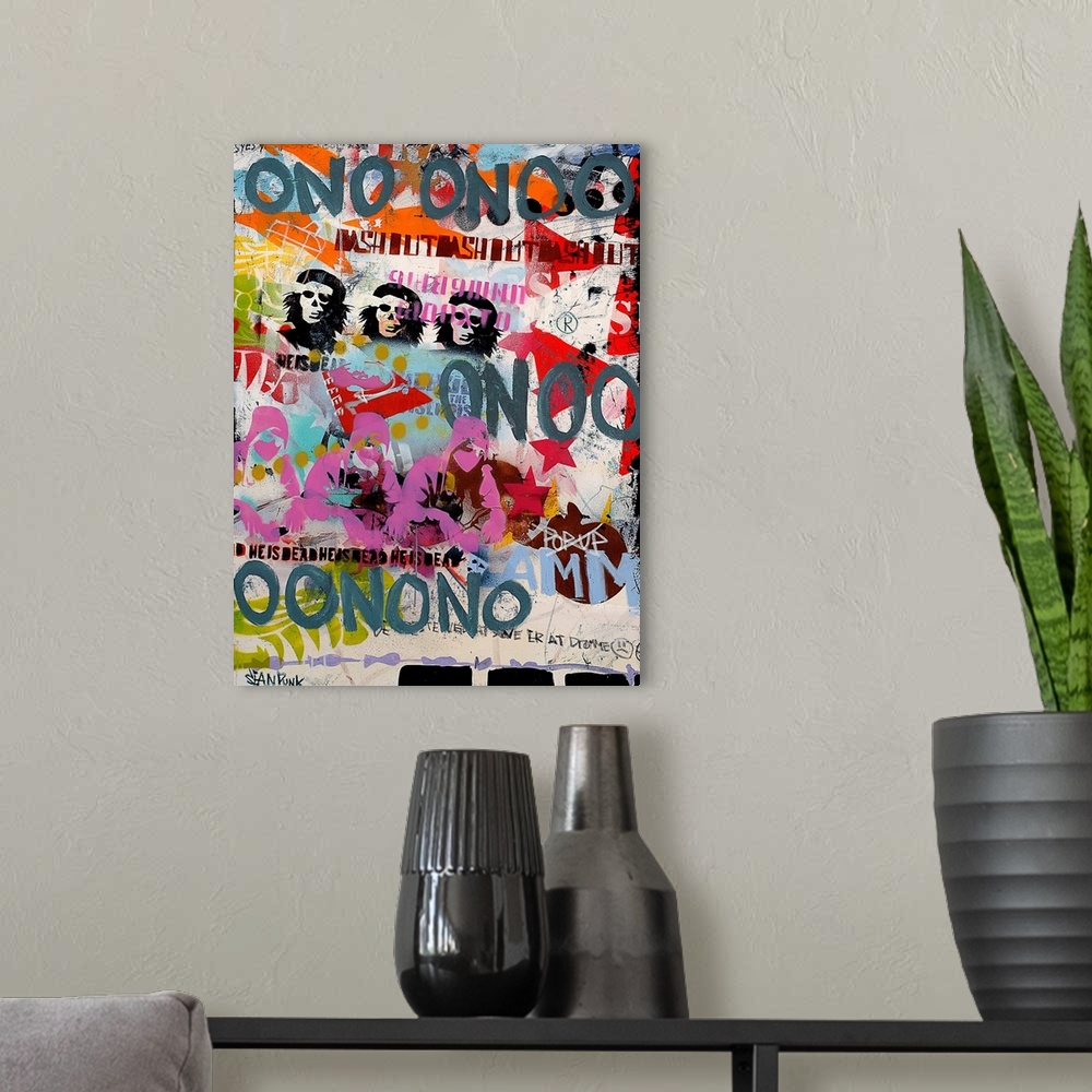 A modern room featuring Abstract vertical collage of text and varies painted shapes.