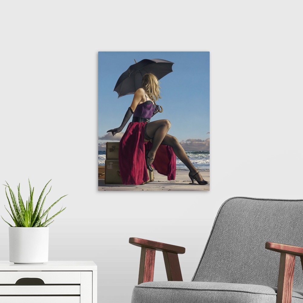 A modern room featuring Contemporary painting of a woman wearing lingerie and holding an umbrella, while sitting on lugga...