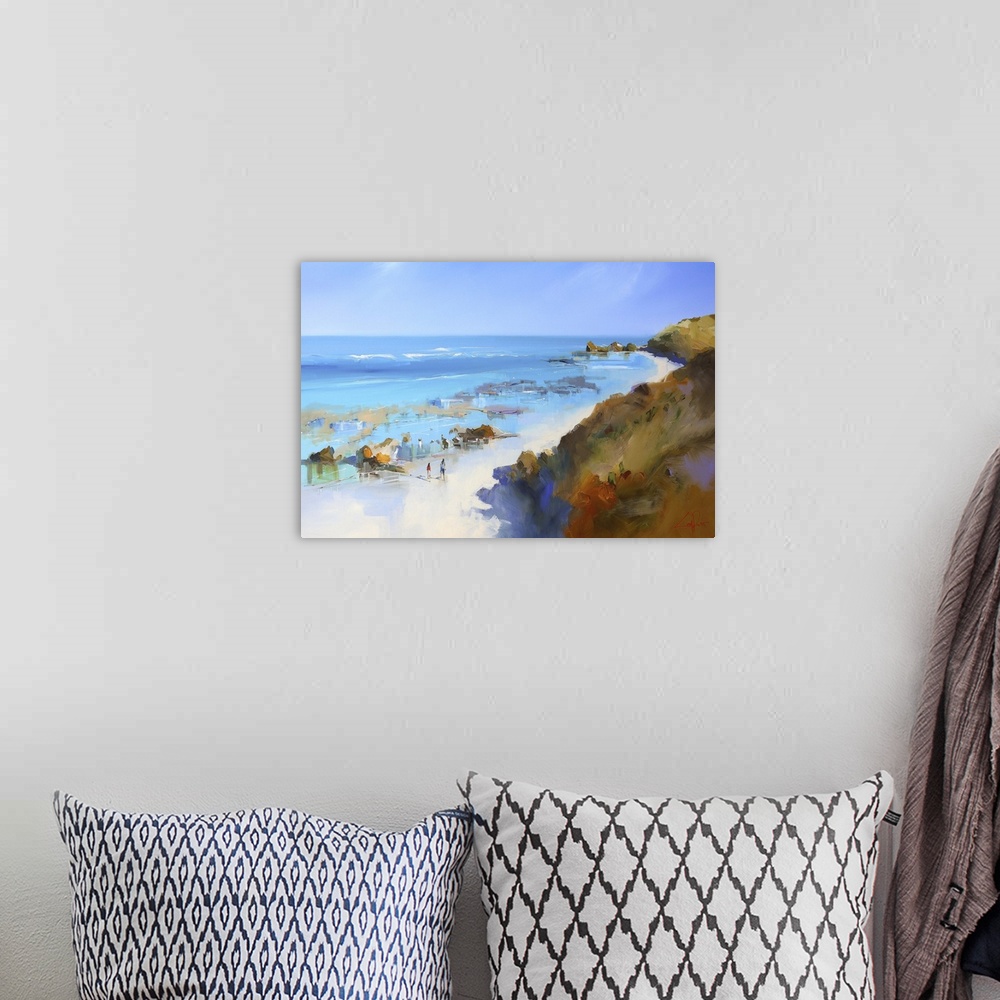 A bohemian room featuring Contemporary painting of hills along a sandy beach off the Italian coast.