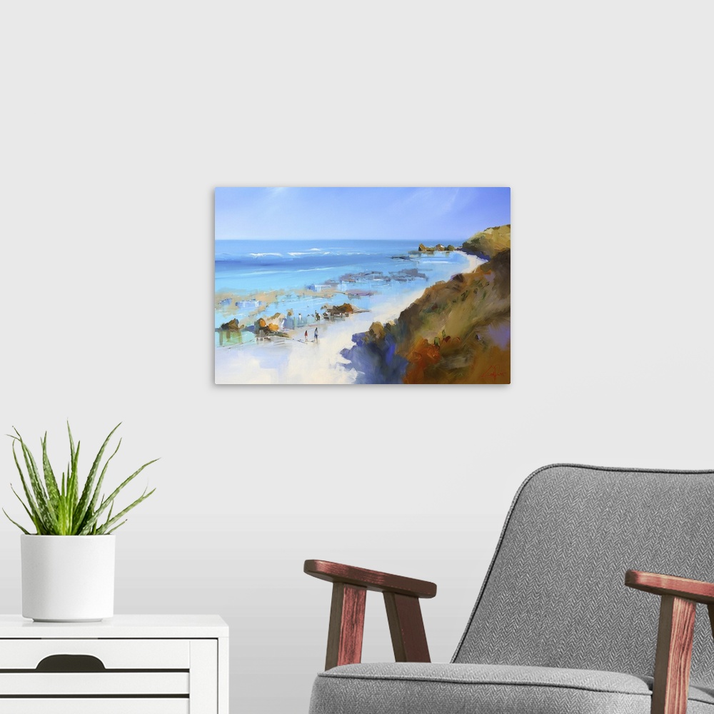 A modern room featuring Contemporary painting of hills along a sandy beach off the Italian coast.