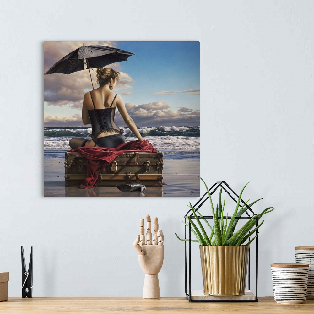 A bohemian room featuring Contemporary painting of a woman wearing lingerie and holding an umbrella, while sitting on lugga...
