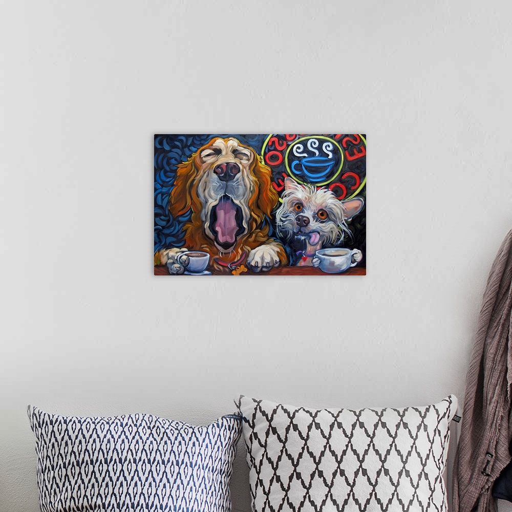 A bohemian room featuring Thick brush strokes create a humorous scene of two dogs drinking coffee.