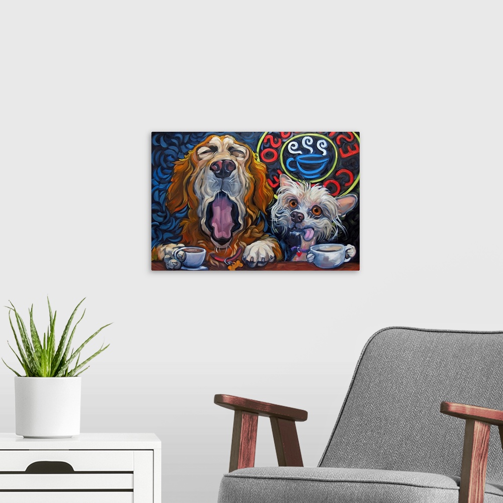 A modern room featuring Thick brush strokes create a humorous scene of two dogs drinking coffee.