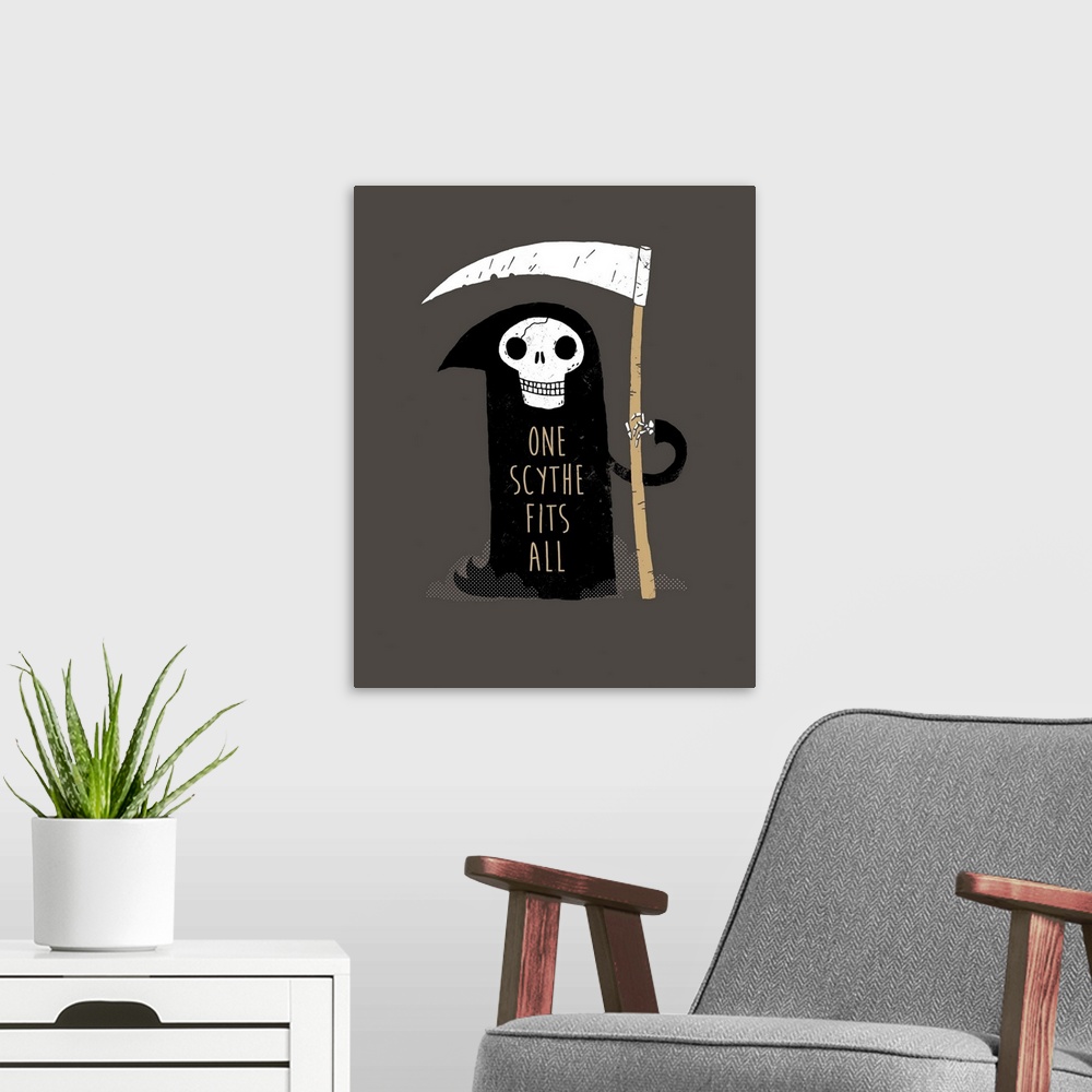A modern room featuring Decorative artwork featuring a humorous grim reaper with the words, 'One Scythe Fits All'.
