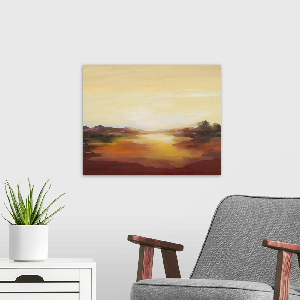A modern room featuring A contemporary abstract painting of a red landscape under a pale yellow sky.