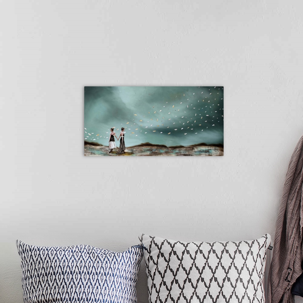 A bohemian room featuring Contemporary surrealist painting of to people standing under a sky of green dark clouds.