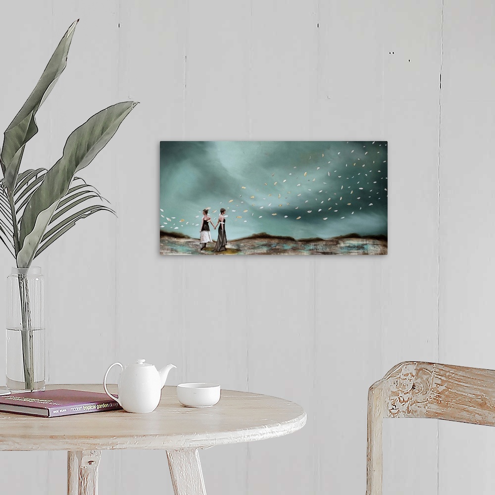 A farmhouse room featuring Contemporary surrealist painting of to people standing under a sky of green dark clouds.