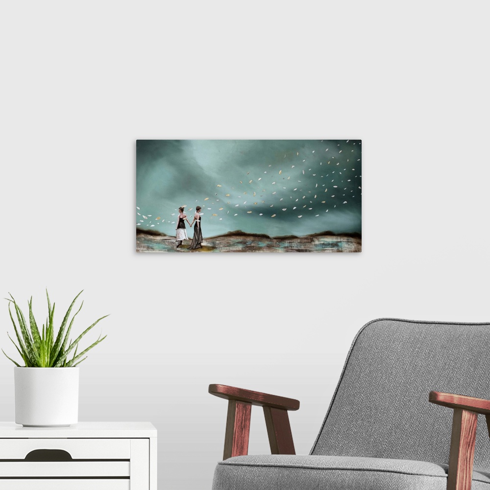 A modern room featuring Contemporary surrealist painting of to people standing under a sky of green dark clouds.