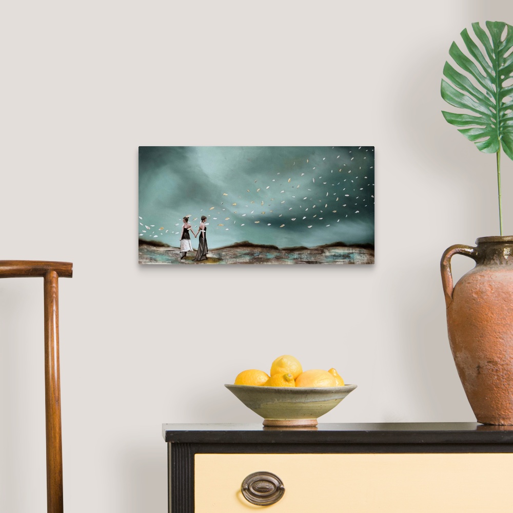 A traditional room featuring Contemporary surrealist painting of to people standing under a sky of green dark clouds.
