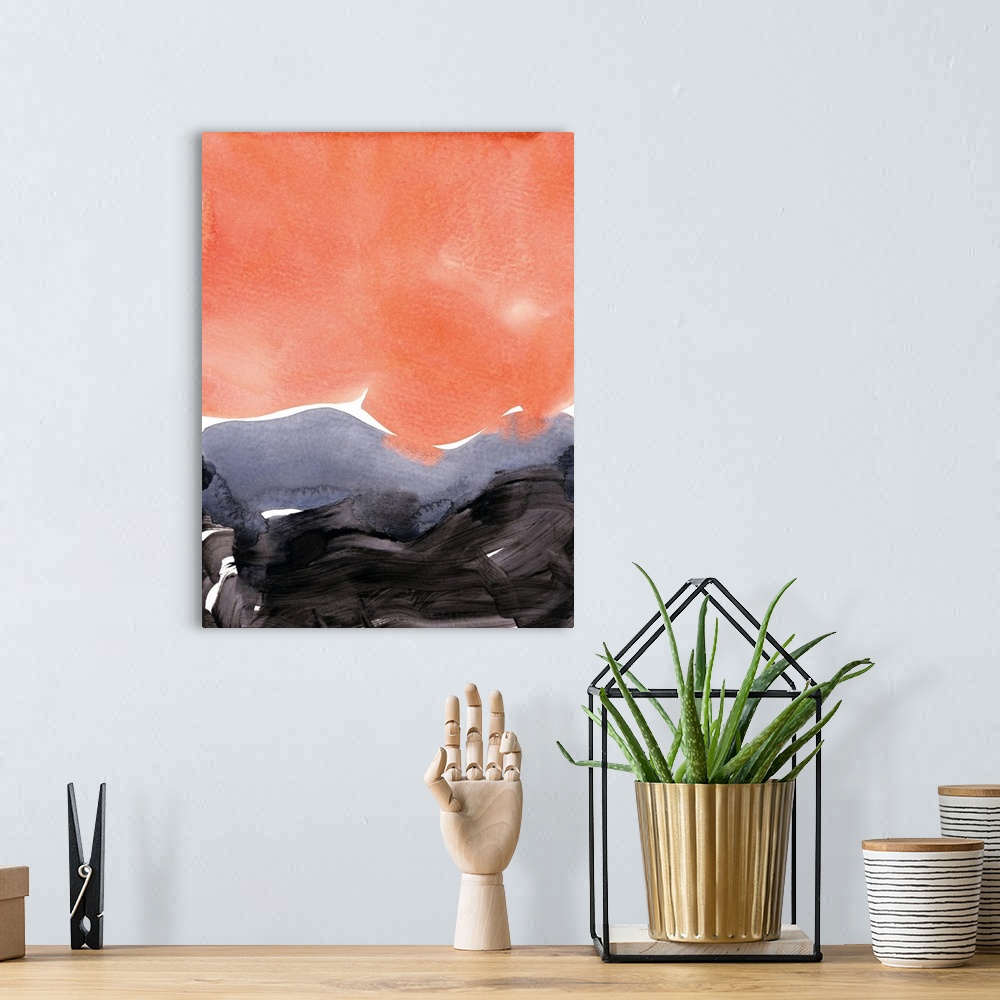 A bohemian room featuring A vertical abstract painting with brushstrokes in colors of black and orange.