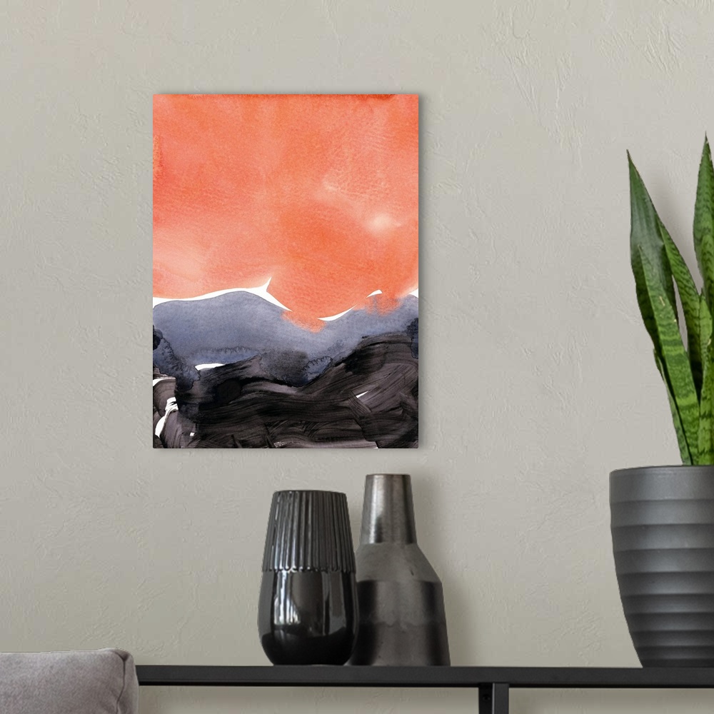 A modern room featuring A vertical abstract painting with brushstrokes in colors of black and orange.