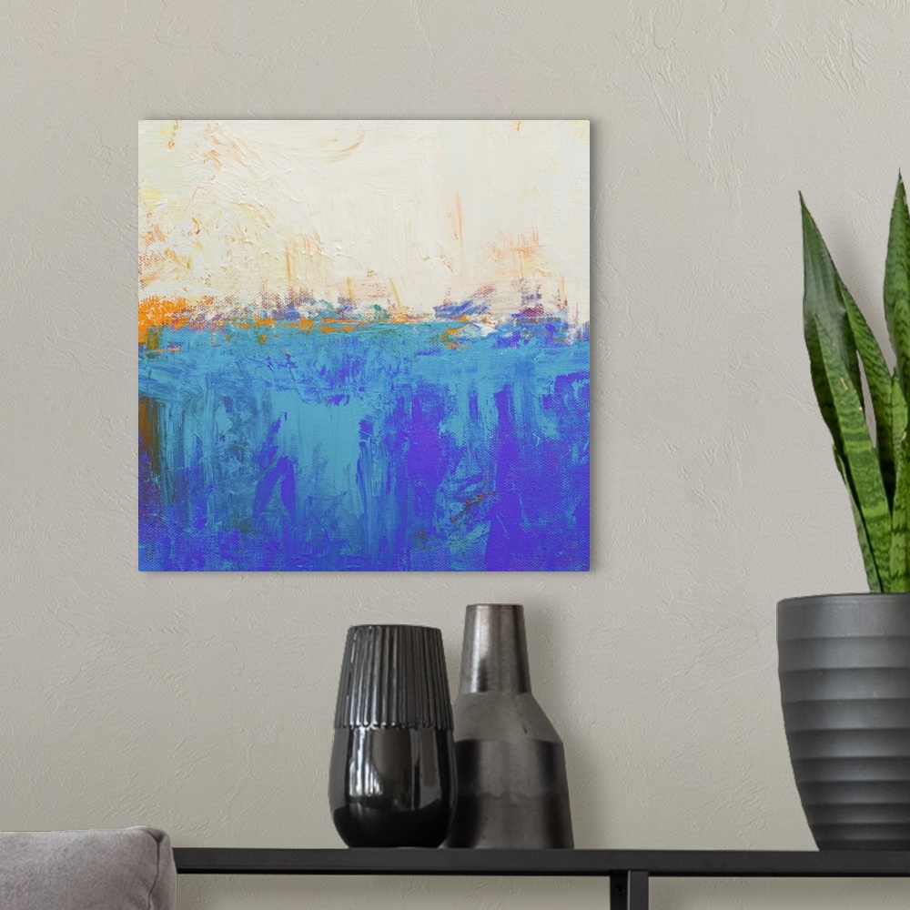 A modern room featuring Contemporary abstract colorfield painting using aqua orange and cream in a distressed style.