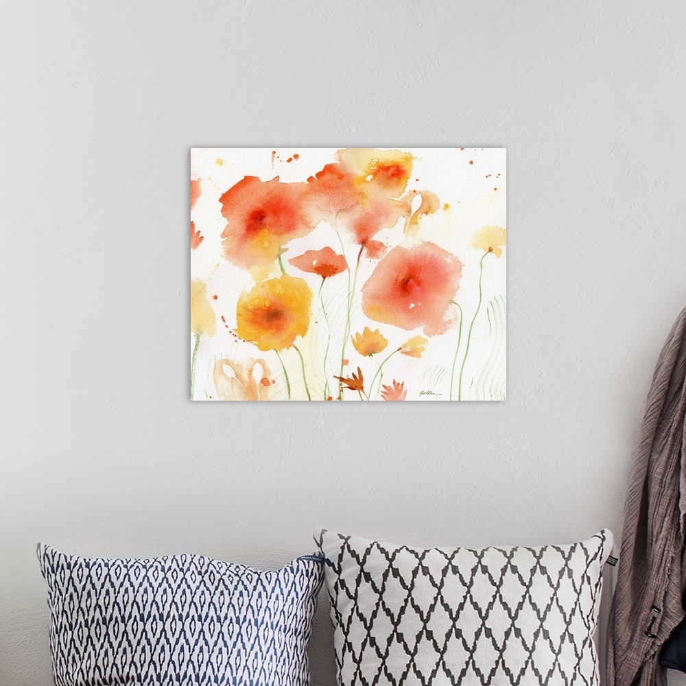 A bohemian room featuring Contemporary watercolor painting of orange and yellow flowers.