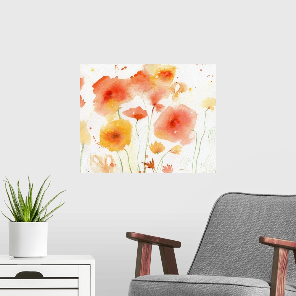 A modern room featuring Contemporary watercolor painting of orange and yellow flowers.