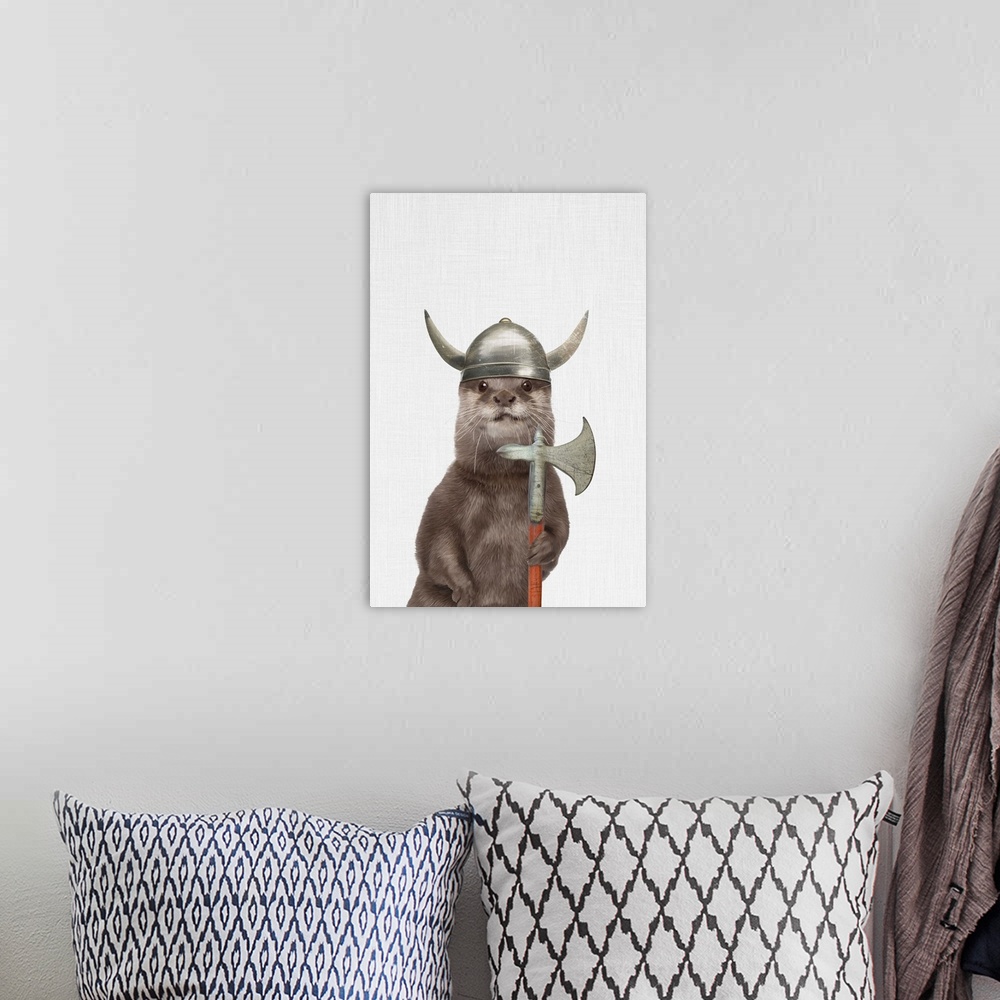 A bohemian room featuring A creative digital illustration of an otter with a viking helmet.