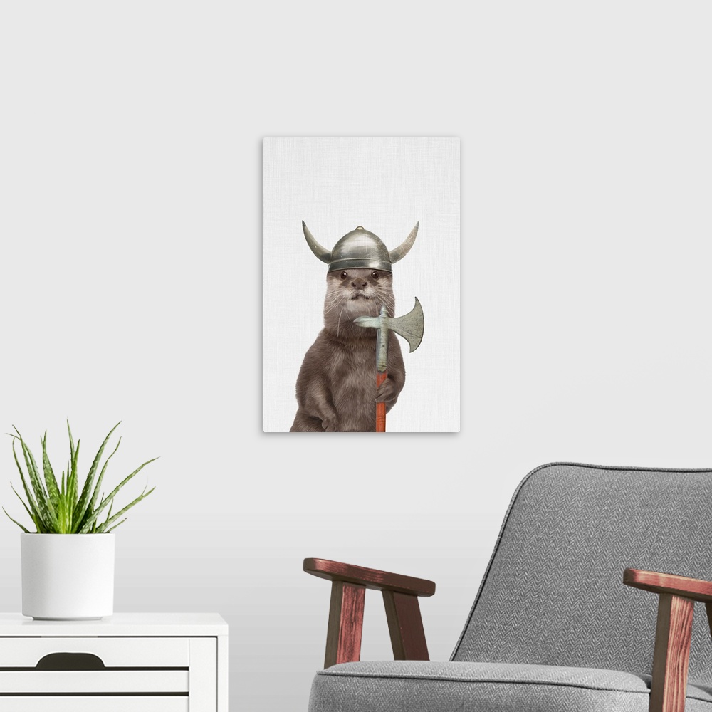 A modern room featuring A creative digital illustration of an otter with a viking helmet.