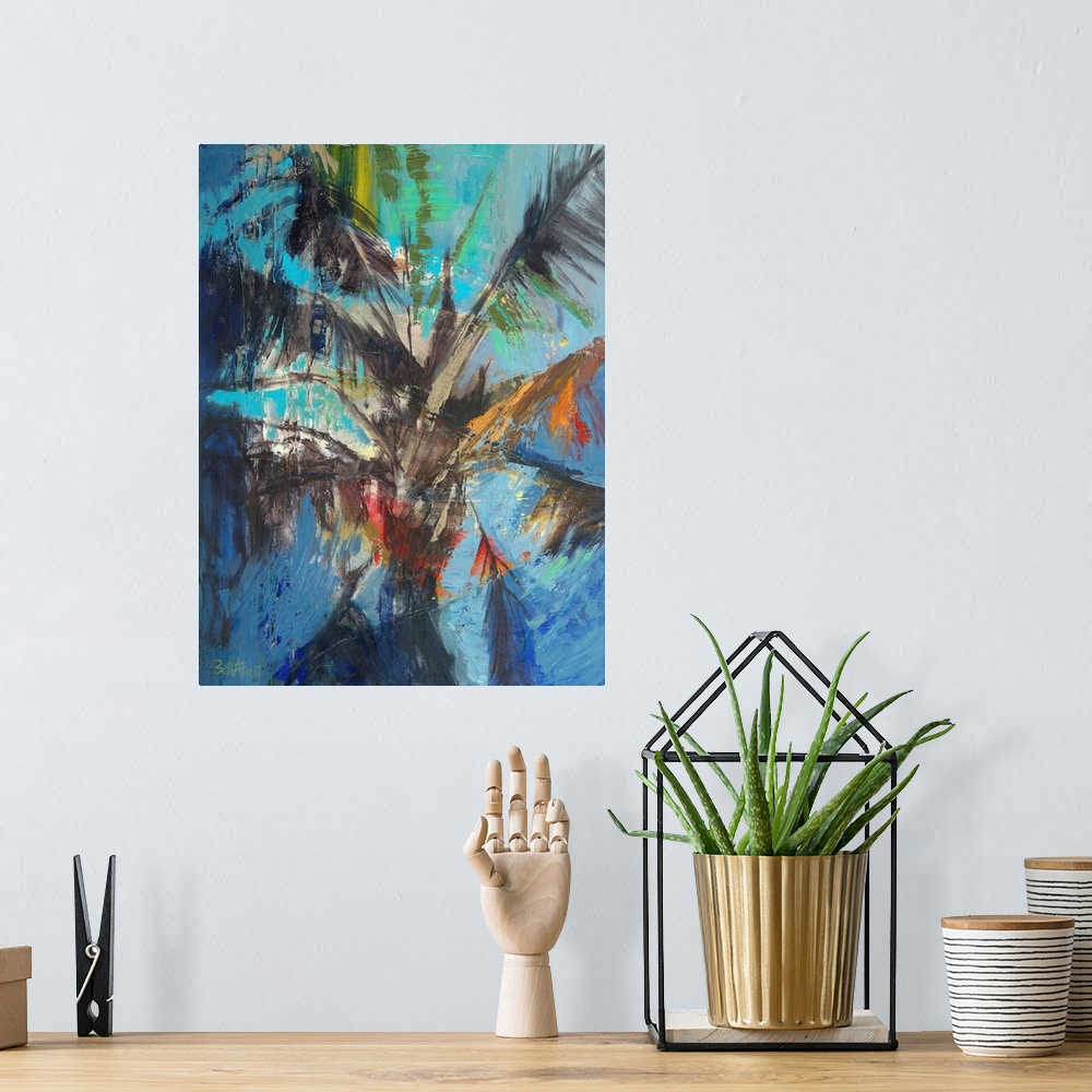 A bohemian room featuring A contemporary coastal themed painting of a palm tree.