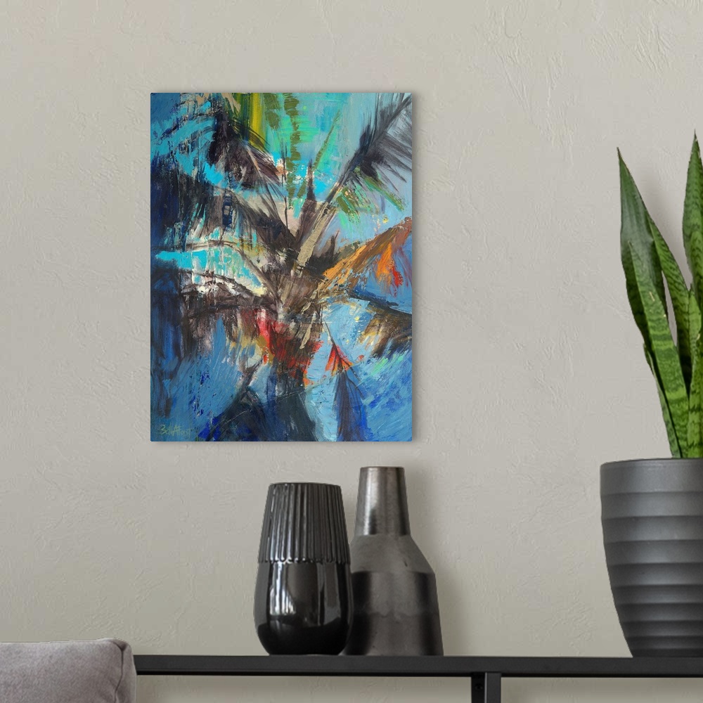 A modern room featuring A contemporary coastal themed painting of a palm tree.