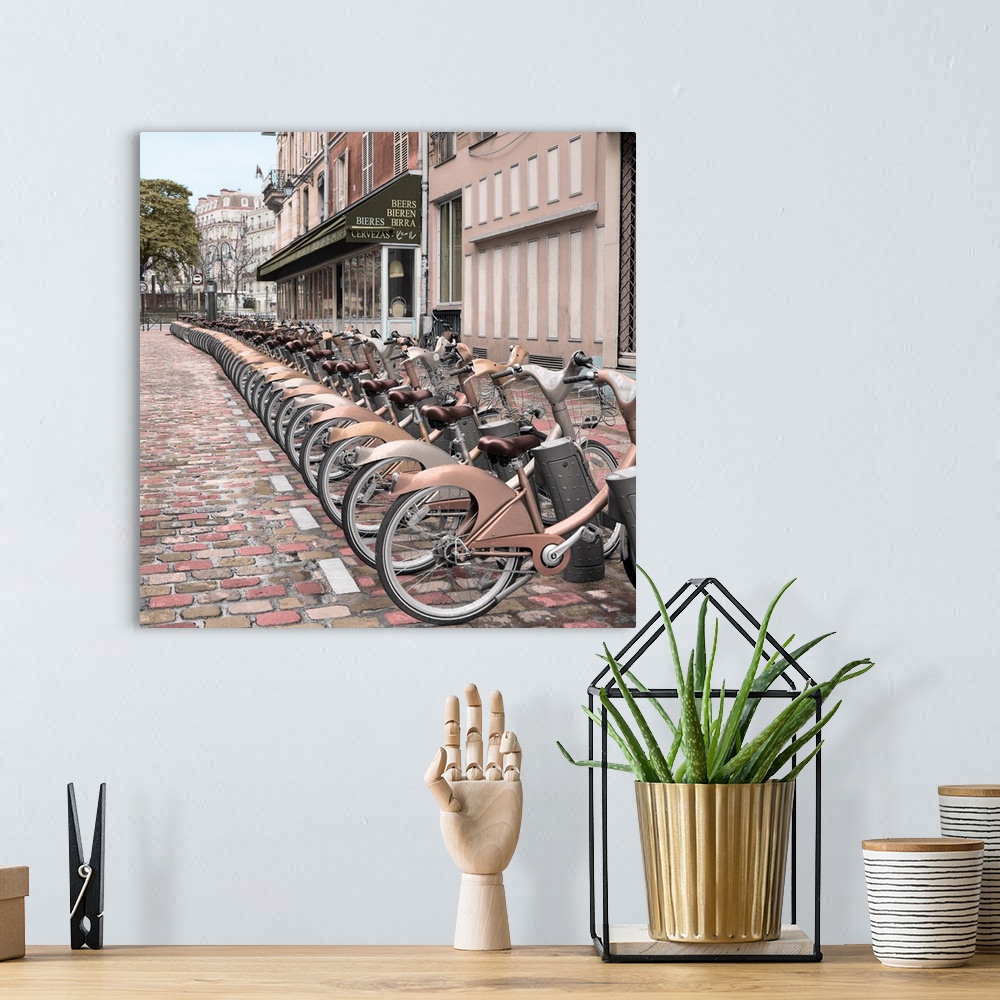 A bohemian room featuring Square image of a row of rental bicycles in Paris, France.