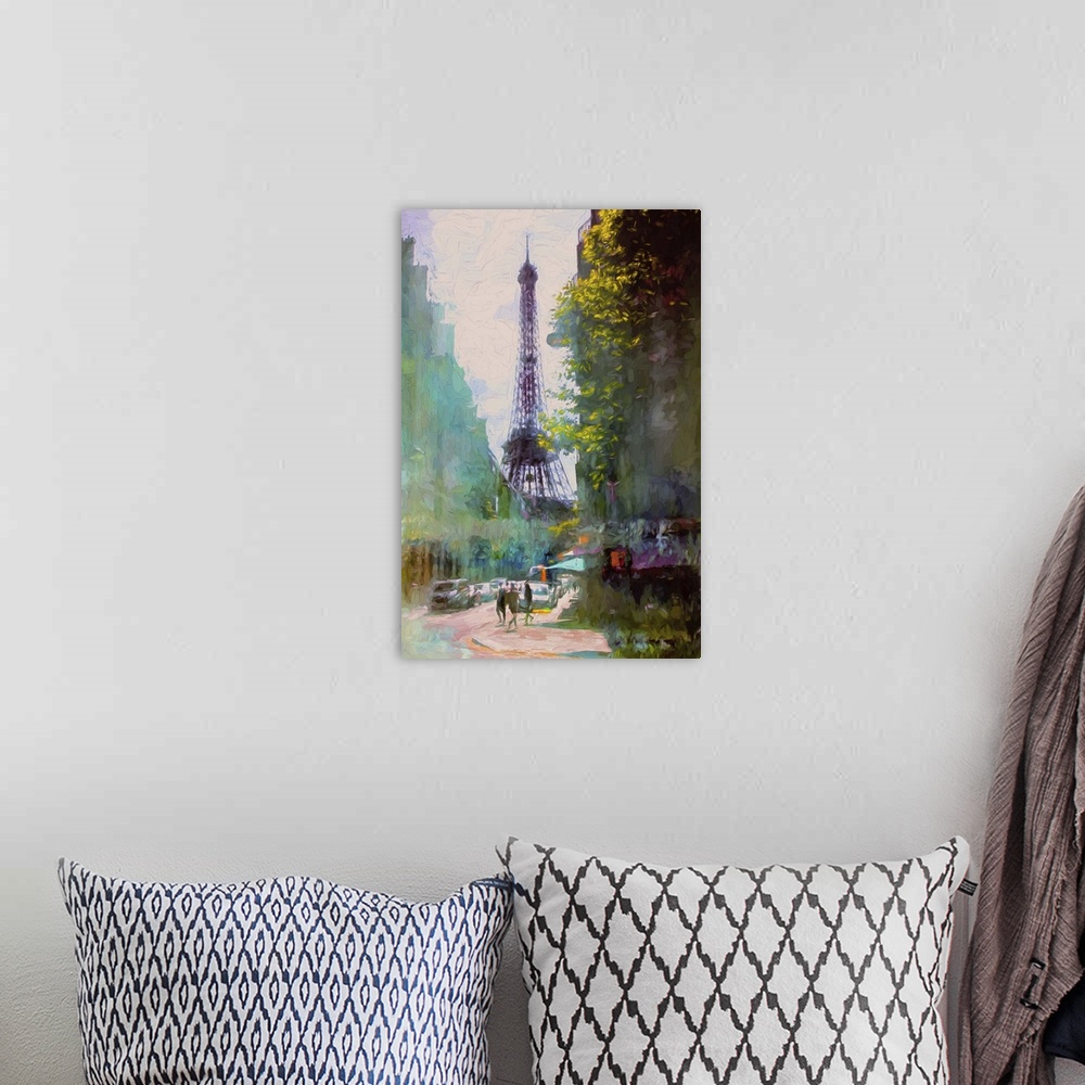 A bohemian room featuring A contemporary painting of the Eiffel tower seen from a distance in Paris.