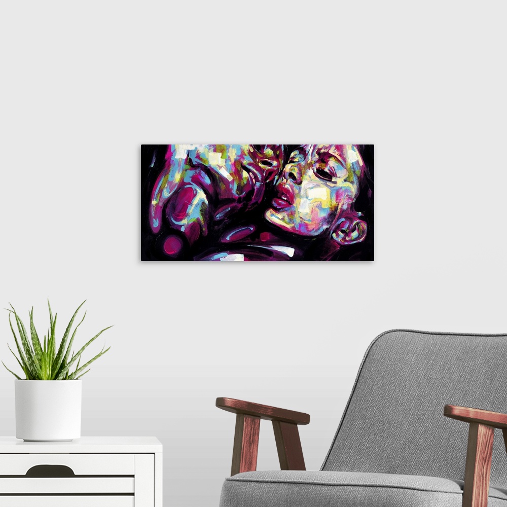 A modern room featuring Horizontal abstract portrait of a man and woman in vibrant colors.