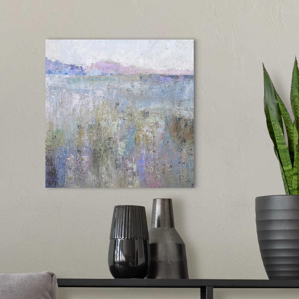 A modern room featuring Contemporary landscape painting in pastel colors.