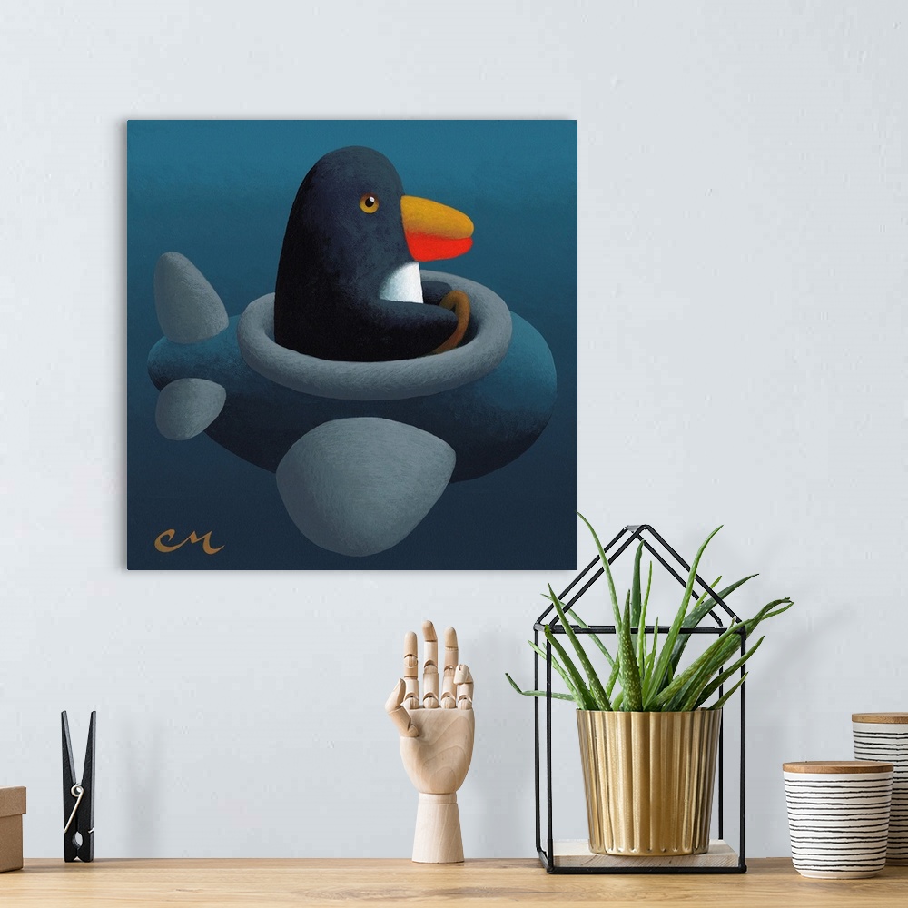 A bohemian room featuring Whimsical contemporary painting of a penguin flying an airplane.