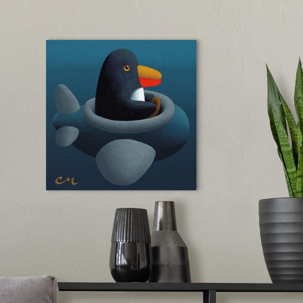 A modern room featuring Whimsical contemporary painting of a penguin flying an airplane.