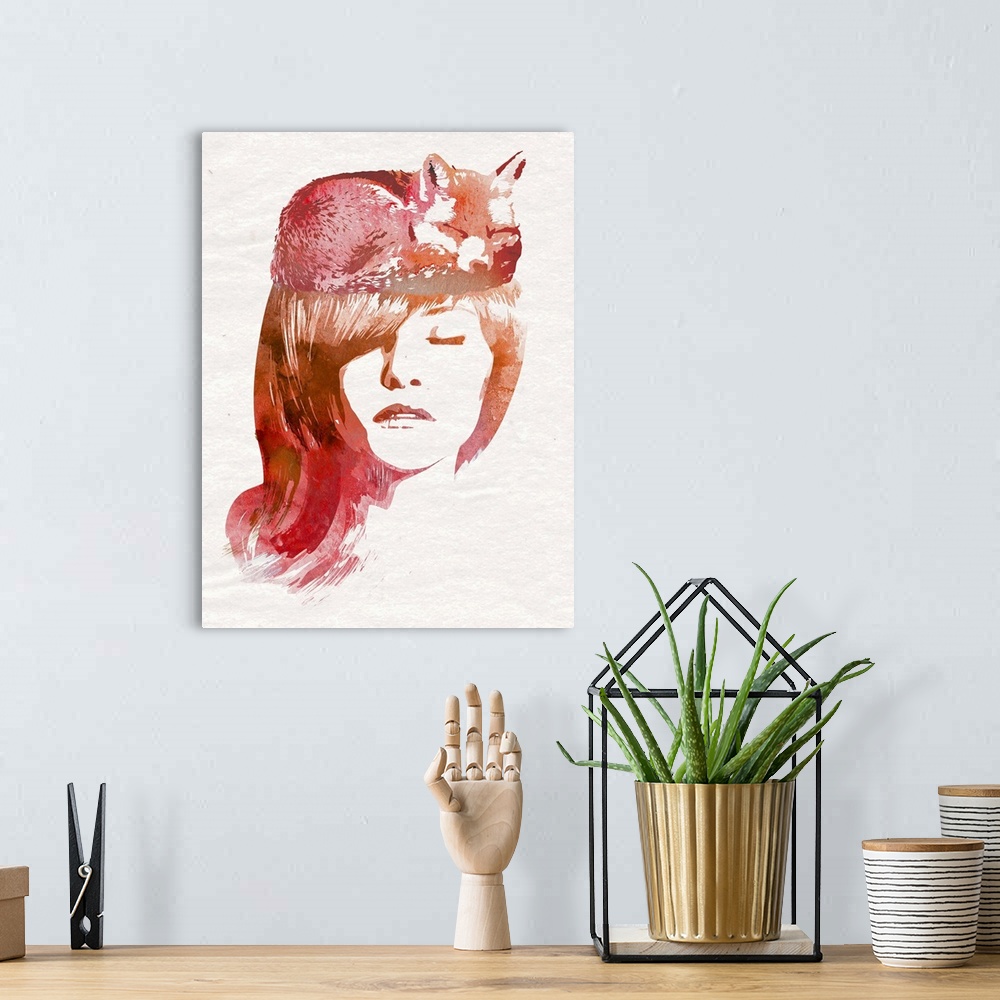 A bohemian room featuring Contemporary artwork of a woman with long red hair and a small fox sleeping on top of her head.