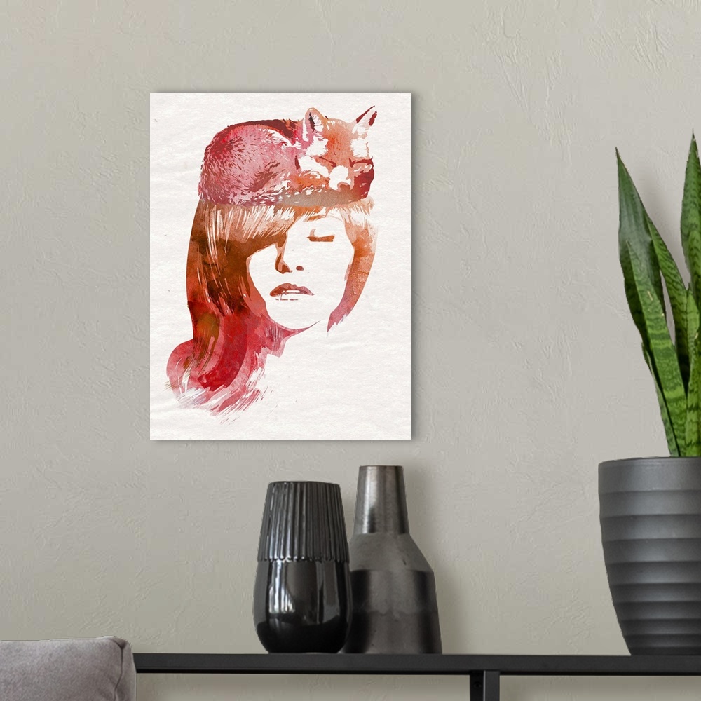 A modern room featuring Contemporary artwork of a woman with long red hair and a small fox sleeping on top of her head.