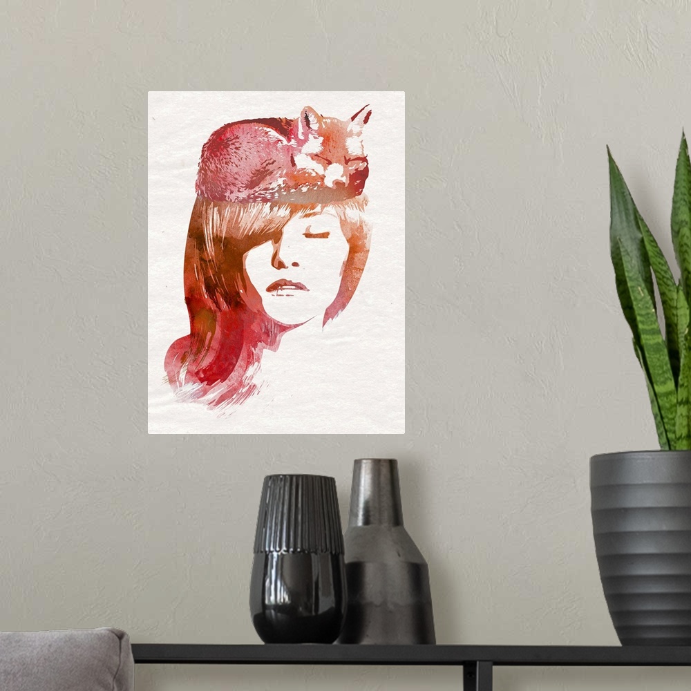A modern room featuring Contemporary artwork of a woman with long red hair and a small fox sleeping on top of her head.