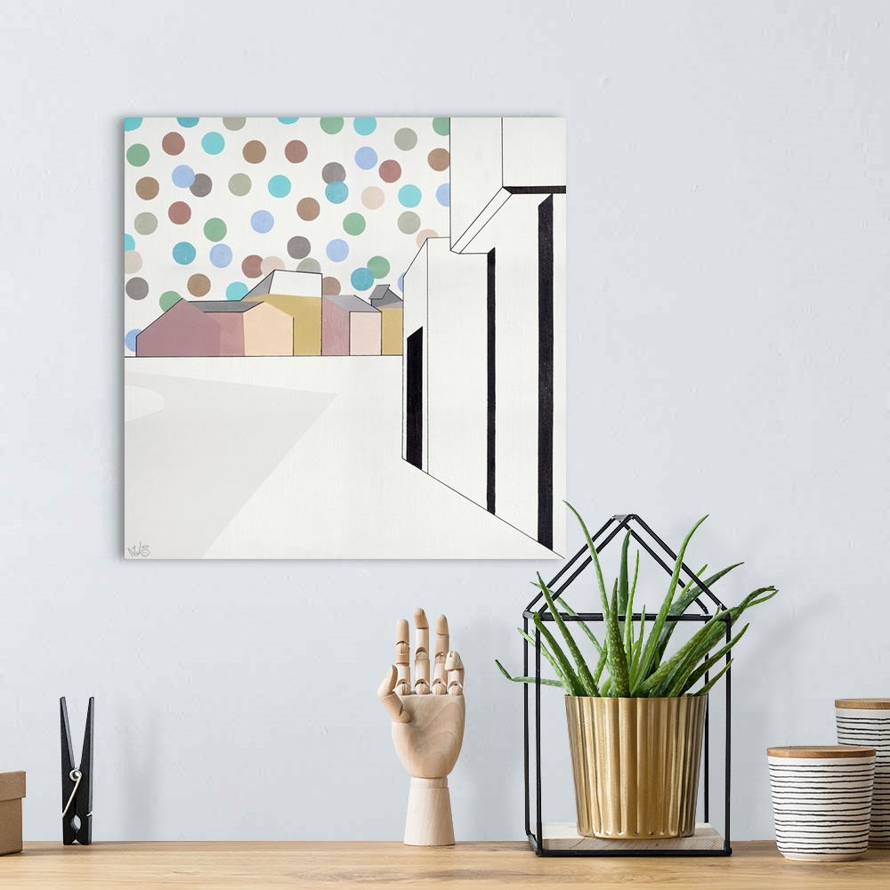 A bohemian room featuring Square modern contemporary painting of buildings with multi-colored dots in the sky.