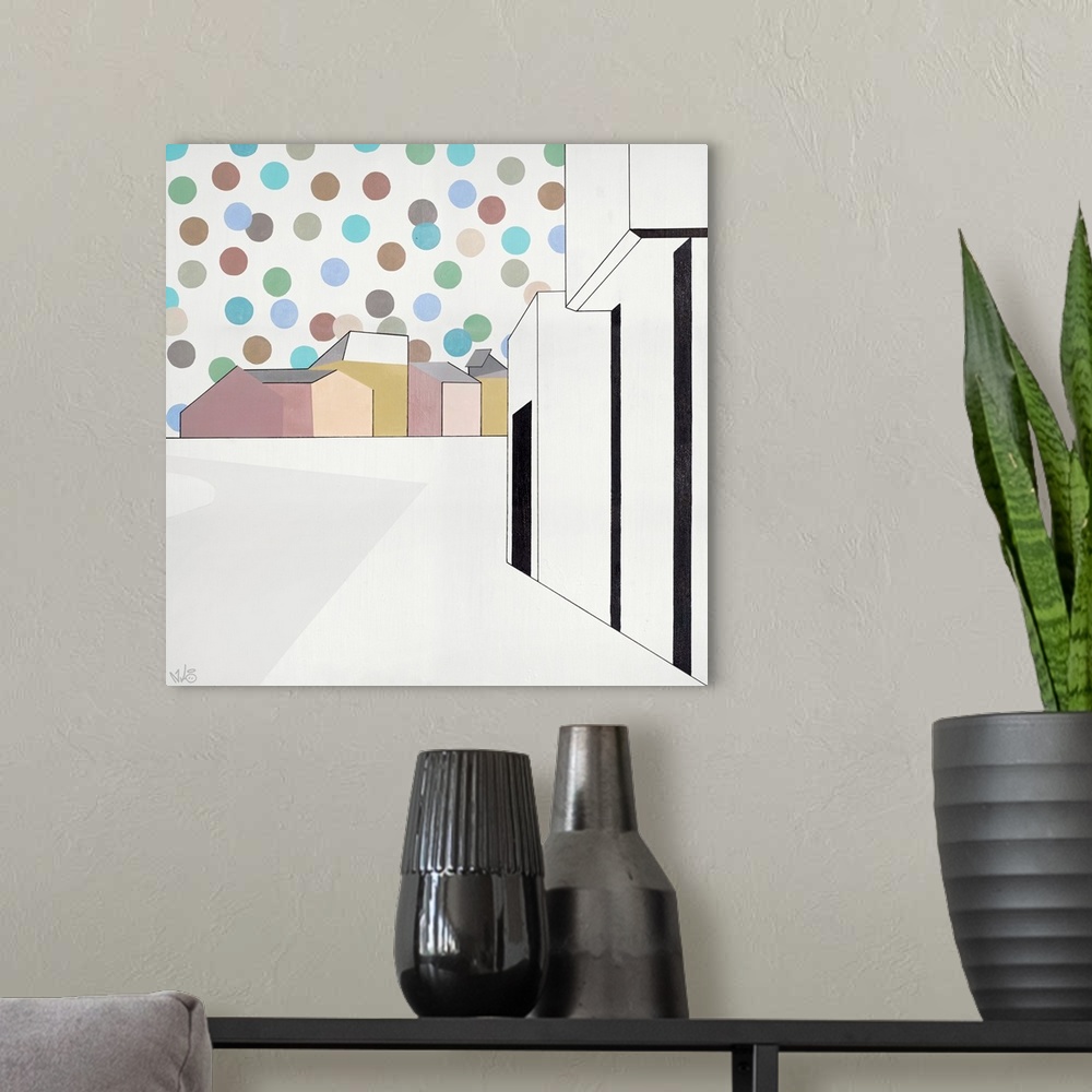 A modern room featuring Square modern contemporary painting of buildings with multi-colored dots in the sky.