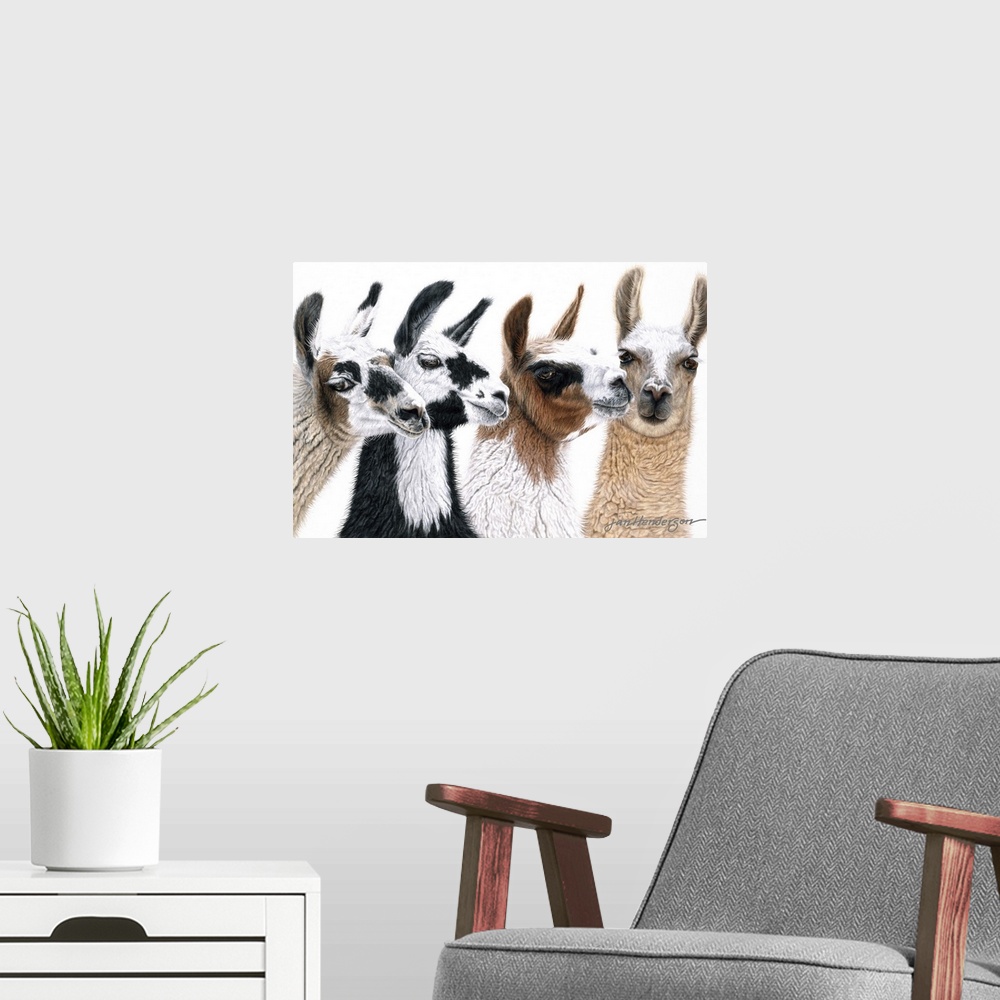 A modern room featuring A contemporary painting of four llamas.