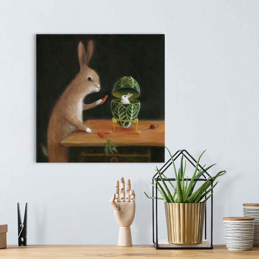 A bohemian room featuring Whimsical artwork featuring a rabbit and a faberge egg.