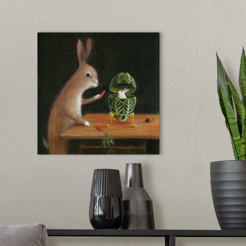 A modern room featuring Whimsical artwork featuring a rabbit and a faberge egg.