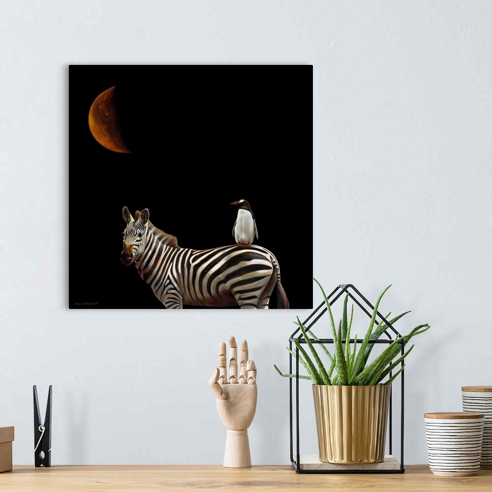 A bohemian room featuring Conceptual photo of a penguin riding a zebra under a red crescent moon.