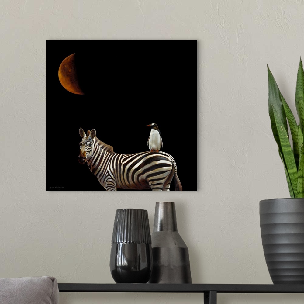 A modern room featuring Conceptual photo of a penguin riding a zebra under a red crescent moon.
