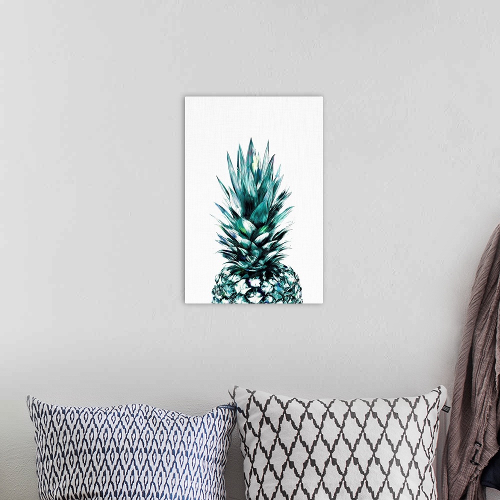A bohemian room featuring A digital illustration of pineapple in shades of blue and green.