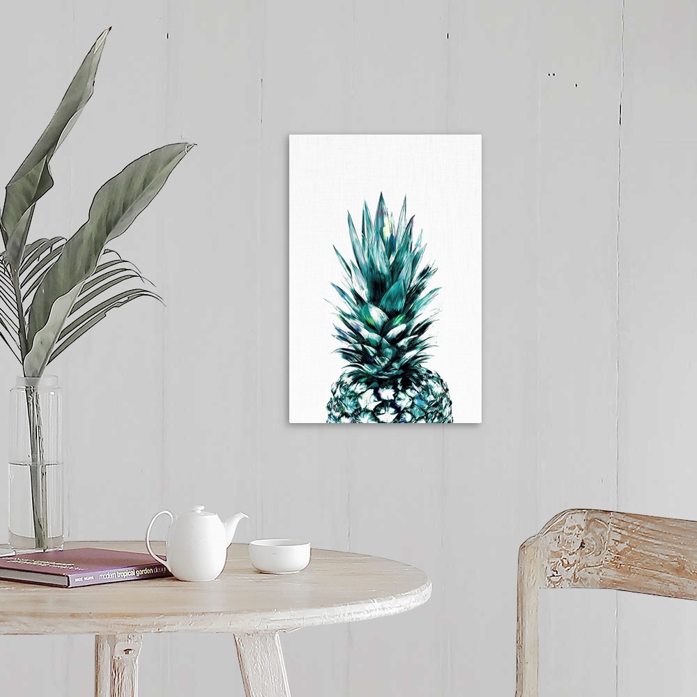 A farmhouse room featuring A digital illustration of pineapple in shades of blue and green.