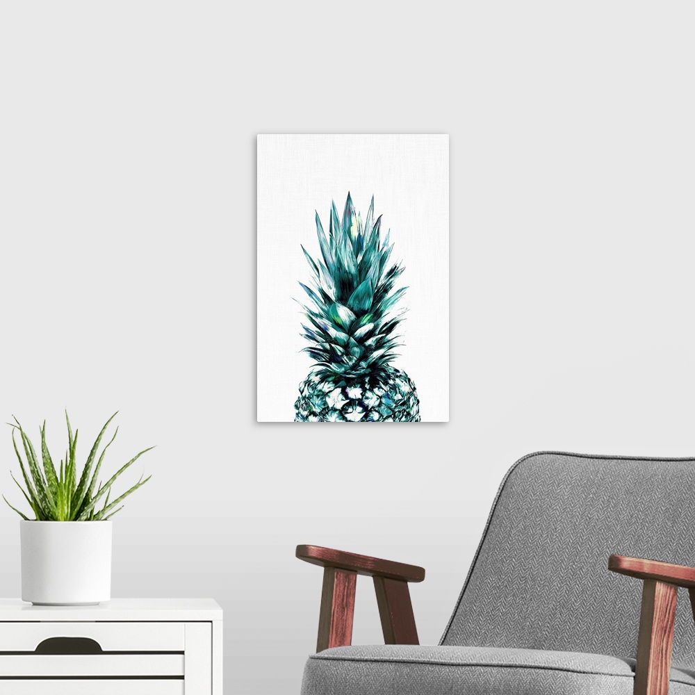 A modern room featuring A digital illustration of pineapple in shades of blue and green.